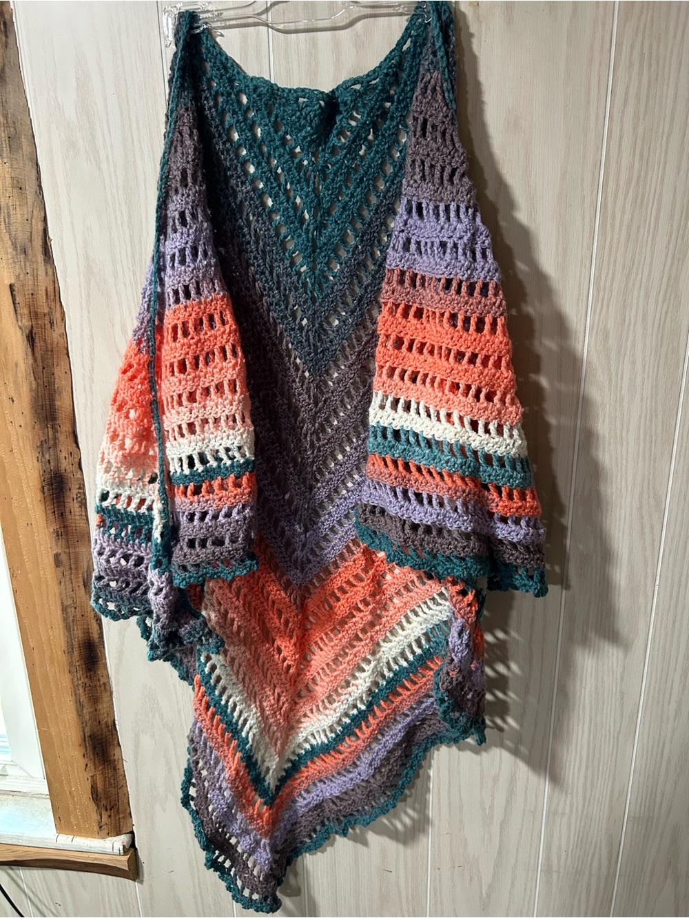 Multicolor Crochet Open-Weave Poncho Shrug - Teal, Coral & Lavender